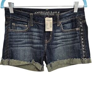 American Eagle NWT Denim Shorts Womens Dark Wash Braided Side Trim Frayed Hem 4